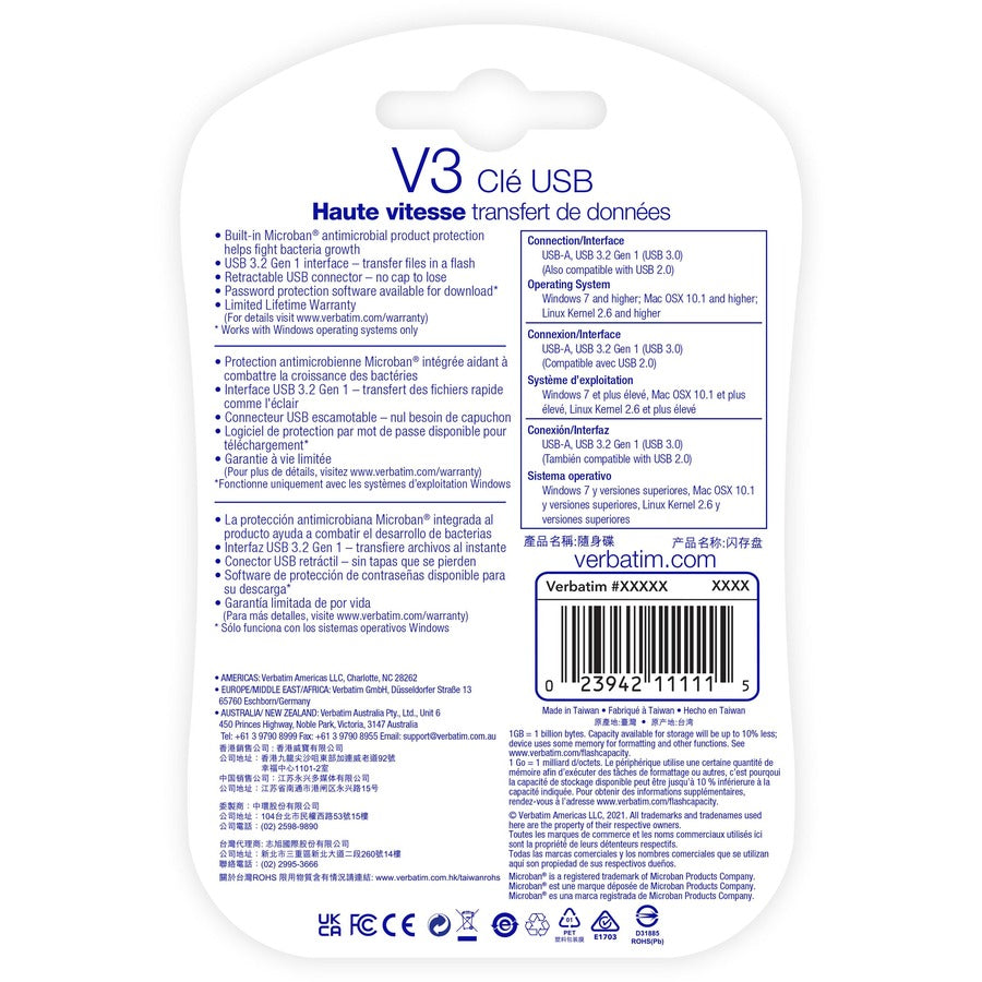 Clé USB 3.2 Gen 1 Store 'n' Go V3 Verbatim 256 Go - Gris 49168