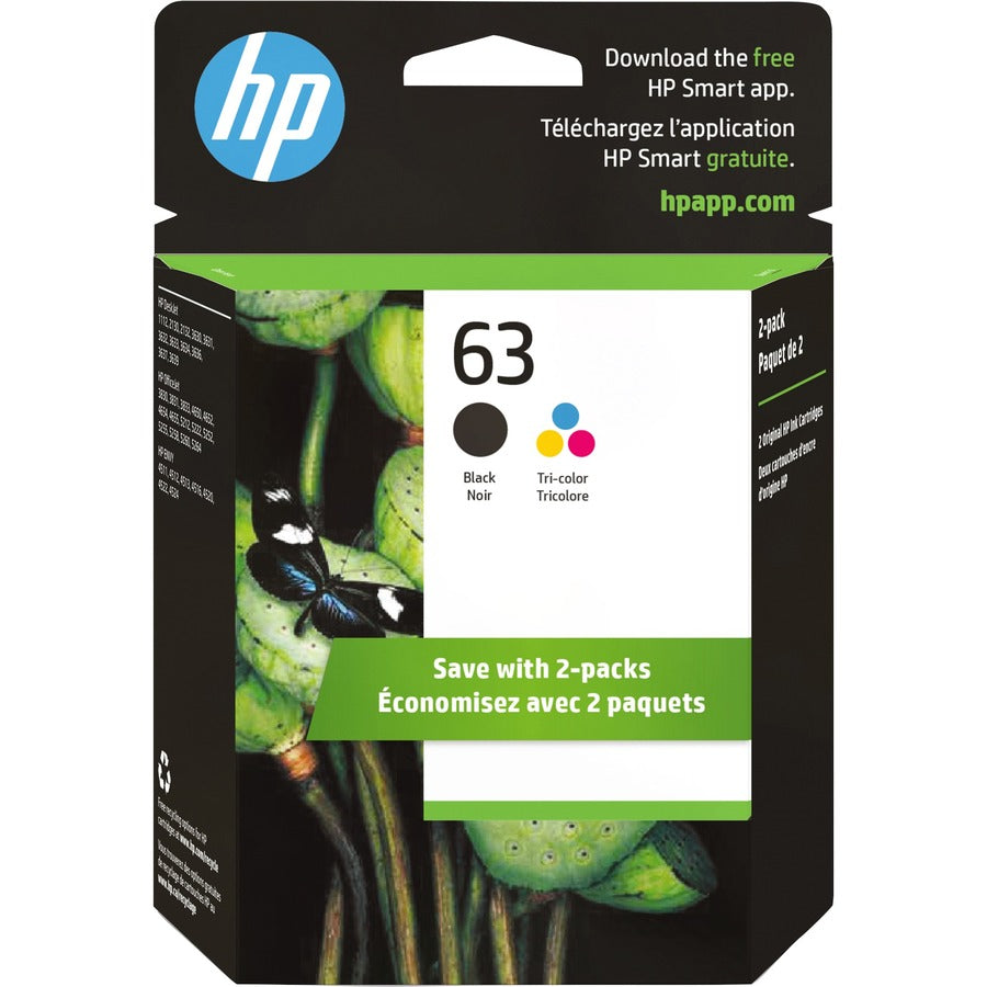 Cartouche d'encre jet d'encre authentique HP 63 - Noir, tricolore - 2 / Paquet L0R46AN#140