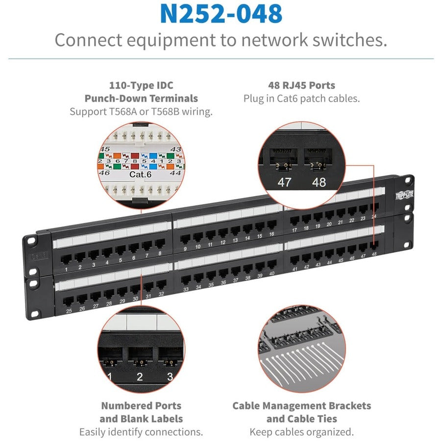 Tripp Lite 48 ports Cat6 Cat5 panneau de brassage montage en rack 110 Punch Down RJ45 Ethernet 1URM 568B N252-048