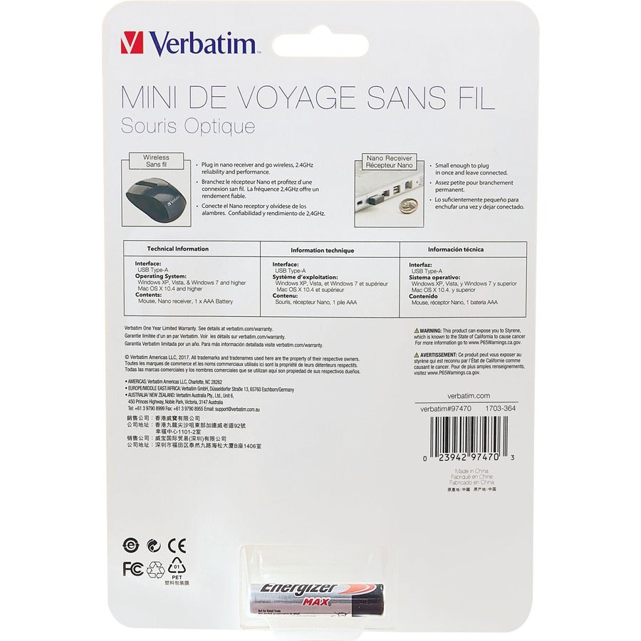 Mini souris optique de voyage sans fil Verbatim - Graphite 97470