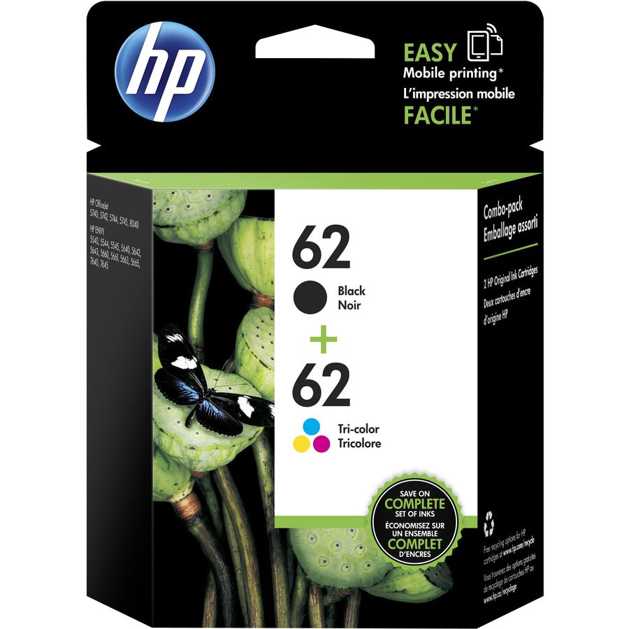 Cartouche d'encre jet d'encre authentique HP 62 - Noir, tricolore - 2 / Paquet N9H64FN#140
