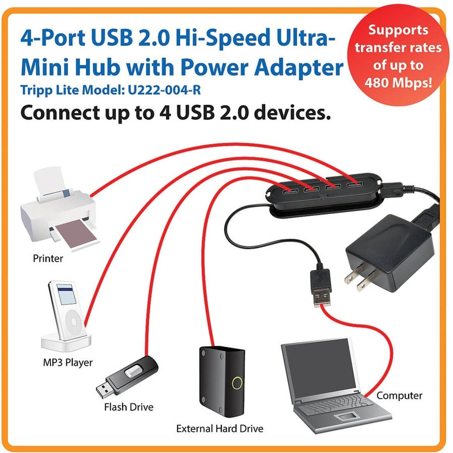 Tripp Lite Hub ultra-mini haute vitesse USB 2.0 à 4 ports avec adaptateur secteur U222-004-R