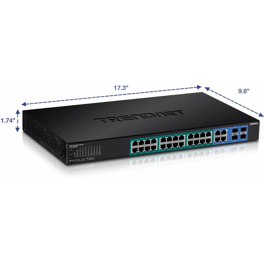 TRENDnet 28-Port Gigabit Web Smart PoE+ Switch, 24 x Gigabit Ports, 4 x Shared Gigabit Ports (RJ-45 or SFP), 185W PoE Budget, 56Gbps Switching Capacity, Lifetime Protection, Black, TPE-2840WS TPE-2840WS