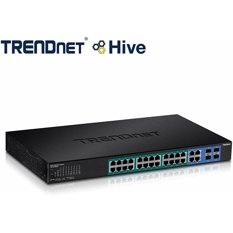 TRENDnet 28-Port Gigabit Web Smart PoE+ Switch, 24 x Gigabit Ports, 4 x Shared Gigabit Ports (RJ-45 or SFP), 185W PoE Budget, 56Gbps Switching Capacity, Lifetime Protection, Black, TPE-2840WS TPE-2840WS