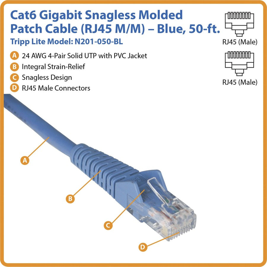 Tripp Lite 50 pieds Cat6 Gigabit câble de raccordement moulé sans accroc RJ45 M/M bleu 50' N201-050-BL