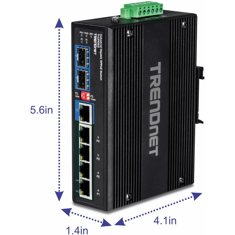 Commutateur sur rail DIN Ultra PoE Gigabit industriel renforcé à 6 ports TRENDnet 10/100/1000 Mbps ; UPoE ; IP30 ; Rail DIN et supports muraux inclus ; Protection à vie ; TI-UPG62 TI-UPG62