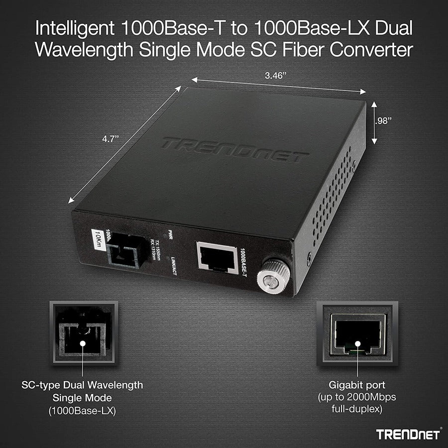 TRENDnet Intelligent 1000Base-T to 1000Base-LX Dual Wavelength Single Mode SC Fiber Media Converter (10km/6.2miles) Fiber to Ethernet Converter; Fiber Port; RJ-45; Lifetime Protection; TFC-1000S10D3 TFC-1000S10D3