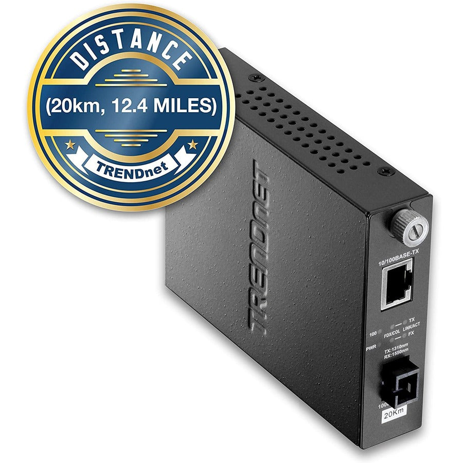 TRENDnet 10/100 Mbps TX vers 100Base-FX Convertisseur de média fibre monomode double longueur d'onde ; Utiliser avec TFC-110S20D5 ; Jusqu'à 20 km (12,4 milles); Convertisseur fibre vers Ethernet ; Protection à vie ; TFC-110S20D3 TFC-110S20D3