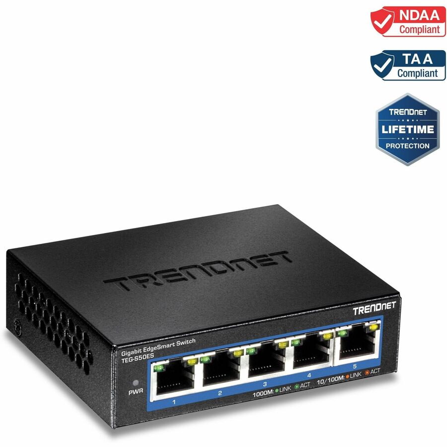 Commutateur EdgeSmart Gigabit 5 ports TRENDnet ; TEG-S50ES ; 5 ports Gigabit ; Capacité de commutation de 10 Gbit/s ; Commutateur de bureau réseau Ethernet ; Switch Gigabit intelligent géré ; Métal; Sans ventilateur ; Protection à vie TEG-S50ES