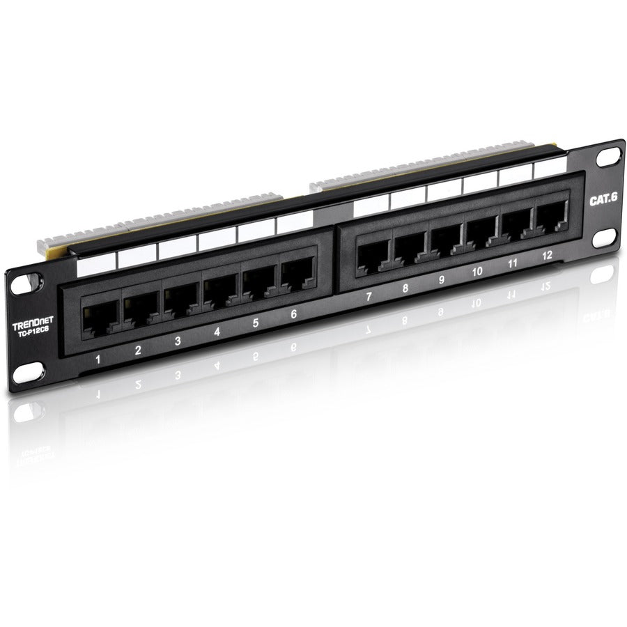 TRENDnet 12-Port Cat6 Unshielded Patch Panel, TC-P12C6, 10 Inch Wide, 12 x Gigabit RJ-45 Ethernet Ports, Metal Housing, 250MHz Connection, Color-coded labeling for T568A & T568B Wiring, Port Labels TC-P12C6