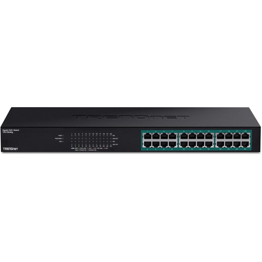 TRENDnet Switch PoE+ Gigabit 24 ports, 24 ports Gigabit PoE+, budget d'alimentation 370 W, capacité de commutation 48 Gbit/s, kit de montage en rack inclus, commutateur réseau Ethernet, métal, protection à vie, noir, TPE-TG240G TPE-TG240G