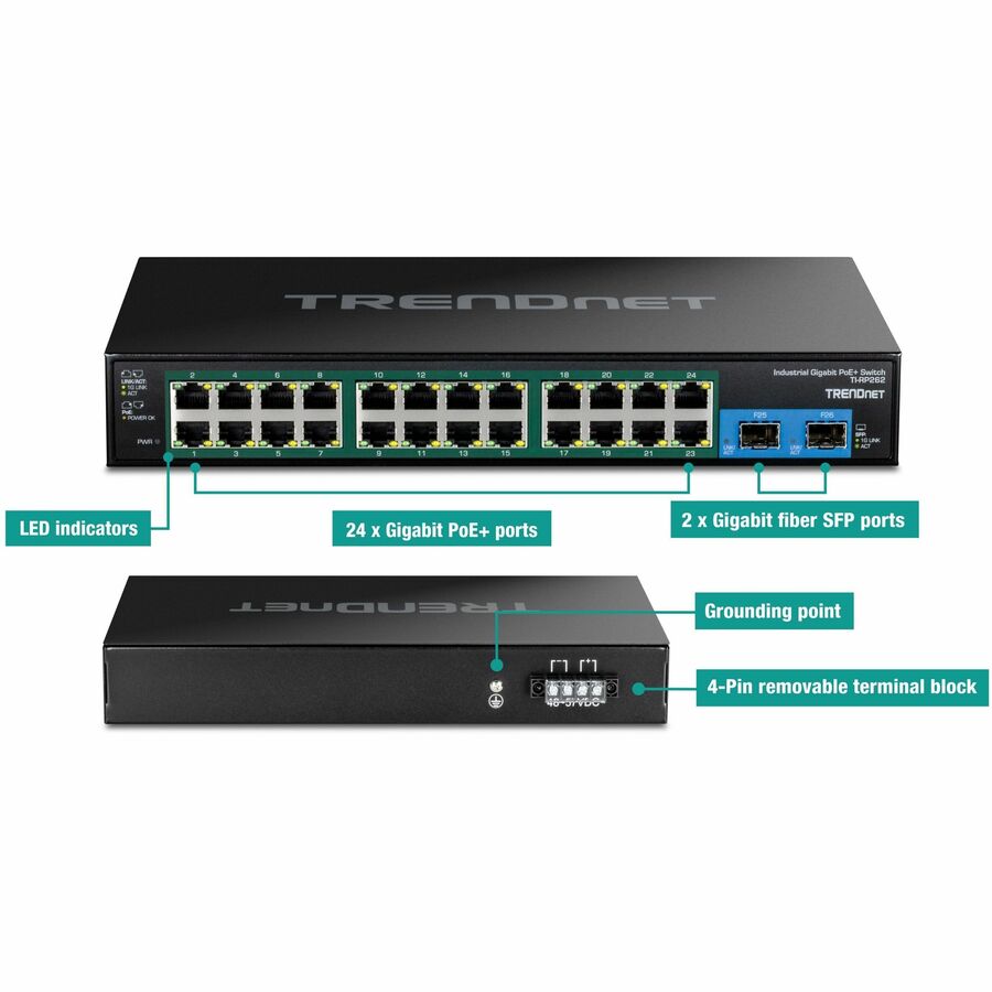 TRENDnet – commutateur industriel Gigabit PoE+ monté en rack, 26 ports, renforcé, TI-RP262