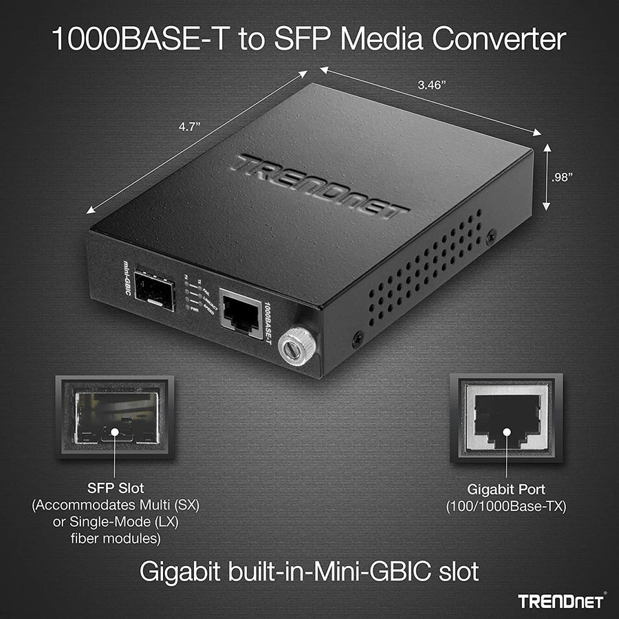 TRENDnet Convertisseur de média fibre 100/1000Base-T vers SFP, convertisseur fibre vers Ethernet, 1 port RJ-45 10/100/1000Base-T, 1 x emplacement mini-GBIC, protection à vie, noir, TFC-1000MGA TFC-1000MGA