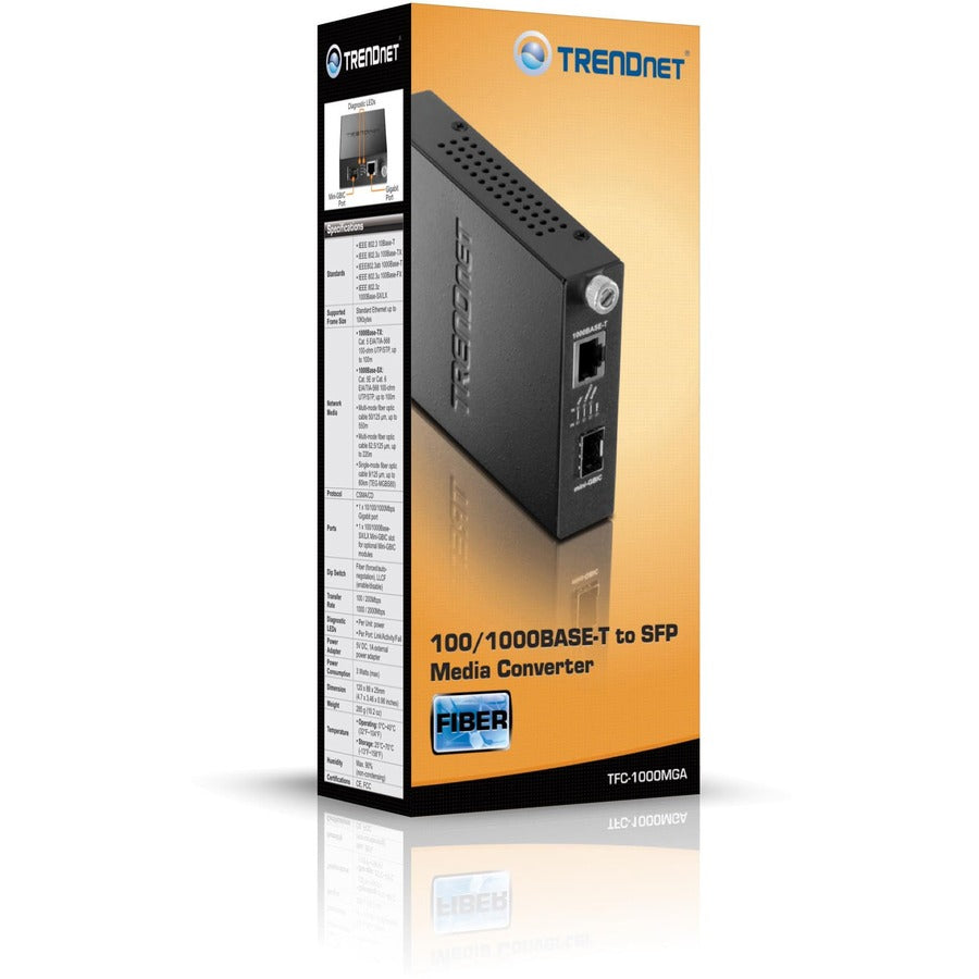 TRENDnet Convertisseur de média fibre 100/1000Base-T vers SFP, convertisseur fibre vers Ethernet, 1 port RJ-45 10/100/1000Base-T, 1 x emplacement mini-GBIC, protection à vie, noir, TFC-1000MGA TFC-1000MGA