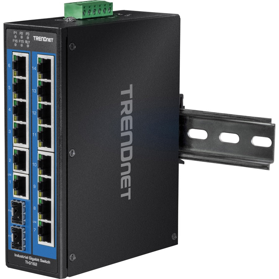 TRENDnet 16-Port Hardened Industrial Unmanaged Gigabit DIN-Rail Switch; TI-G162; 14 x Gigabit Ports; 2 x Gigabit SFP Slots;32Gbps Switching Capacity; IP30 Ethernet Network Switch; Lifetime Protection TI-G162