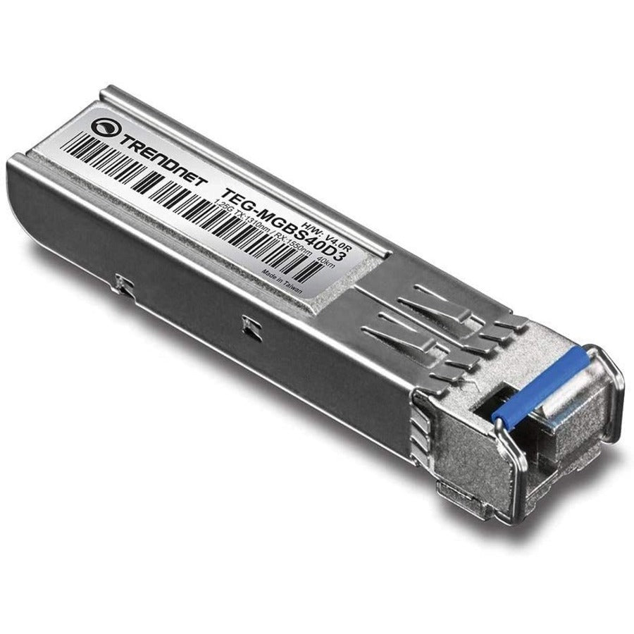 TRENDnet SFP vers module LC monomode double longueur d'onde RJ45 ; TEG-MGBS40D3 ; Doit être associé au TEG-MGBS40D5 ou à un module compatible ; Jusqu'à 40 km (24,9 miles) ; Compatible avec les emplacements SFP standard ; Protection à vie TEG-MGBS40D3