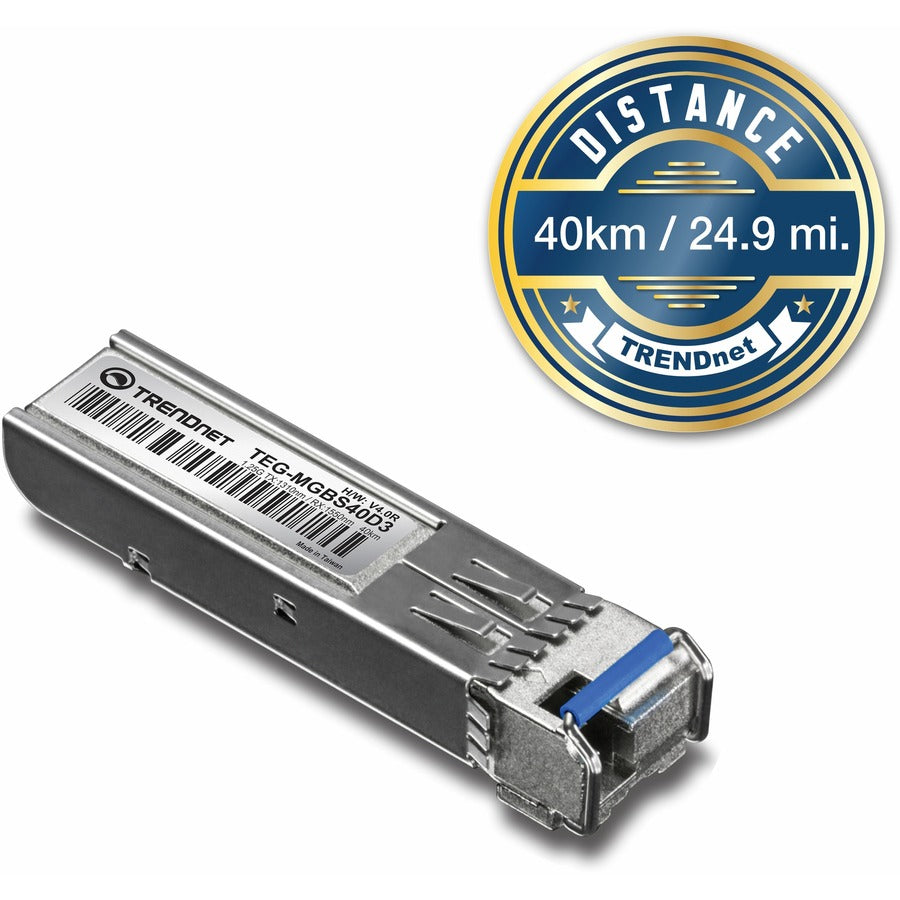 TRENDnet SFP vers module LC monomode double longueur d'onde RJ45 ; TEG-MGBS40D3 ; Doit être associé au TEG-MGBS40D5 ou à un module compatible ; Jusqu'à 40 km (24,9 miles) ; Compatible avec les emplacements SFP standard ; Protection à vie TEG-MGBS40D3