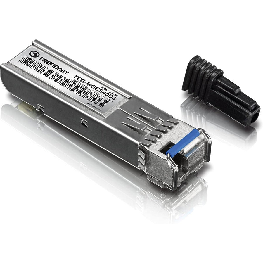 TRENDnet SFP vers module LC monomode double longueur d'onde RJ45 ; TEG-MGBS40D3 ; Doit être associé au TEG-MGBS40D5 ou à un module compatible ; Jusqu'à 40 km (24,9 miles) ; Compatible avec les emplacements SFP standard ; Protection à vie TEG-MGBS40D3