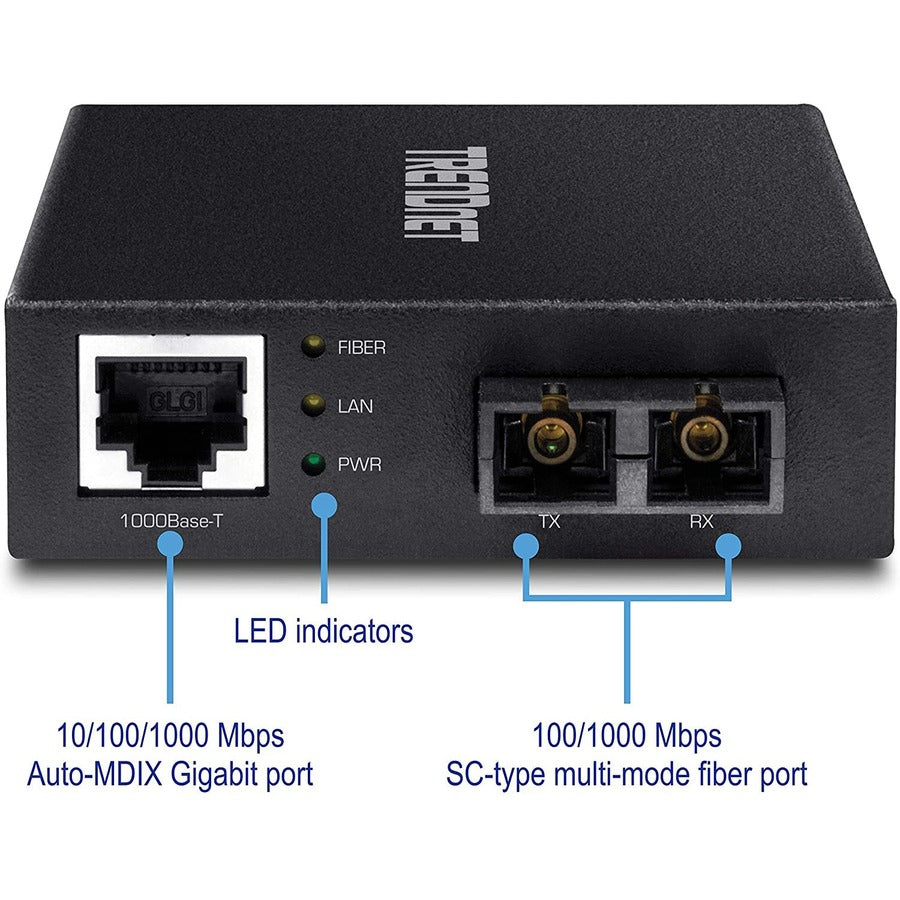 TRENDnet 1000Base-T to 1000Base-SX Multi-Mode SC Fiber Converter; Up to 550m (1800 ft.); 2 Gbps Switching Capacity; TFC-GMSC TFC-GMSC