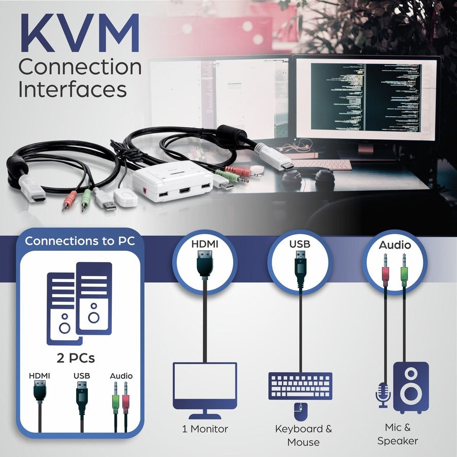 TRENDnet Commutateur KVM HDMI 2 ports, contrôlez 2 ordinateurs avec un seul ensemble de commandes de console, Full HD 1080P, HDMI et audio analogique 3,5 mm, commutateur de moniteur, logiciel de commutation KVM Windows et Mac, blanc, TK-215I TK-215I