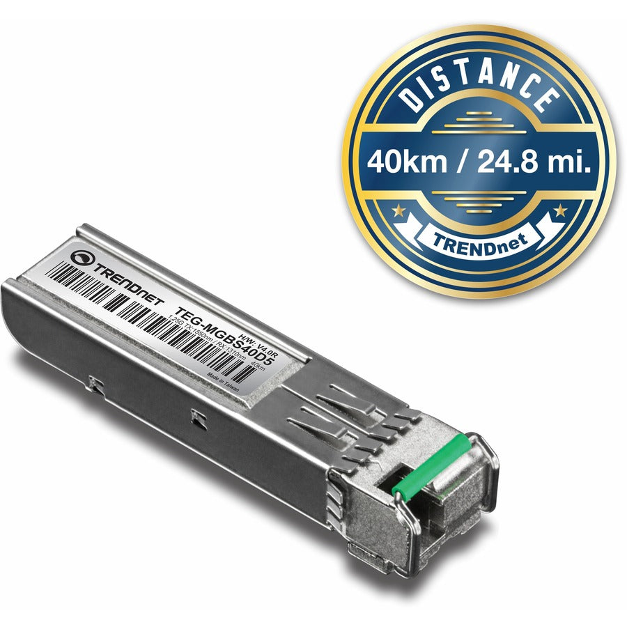 TRENDnet SFP vers module LC monomode double longueur d'onde RJ45 ; TEG-MGBS40D5 ; Doit être associé au TEG-MGBS40D3 ou à un module compatible ; Jusqu'à 40 km (24,9 miles) ; Compatible avec les emplacements SFP standard ; Protection à vie TEG-MGBS40D5