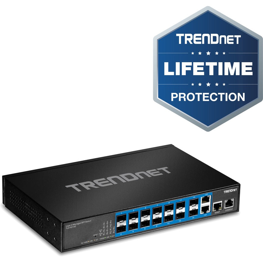 Commutateur SFP de couche 2 géré Gigabit à 14 ports TRENDnet ; TL2-FG142 ; 2 ports Gigabit RJ-45 partagés ; 12 emplacements SFP 100/1 000 Mbps ; Capacité de commutation de 28 Gbit/s ; VLAN ; QoS ; LACP ; Prise en charge IPv6 ; Protection à vie TL2-FG142