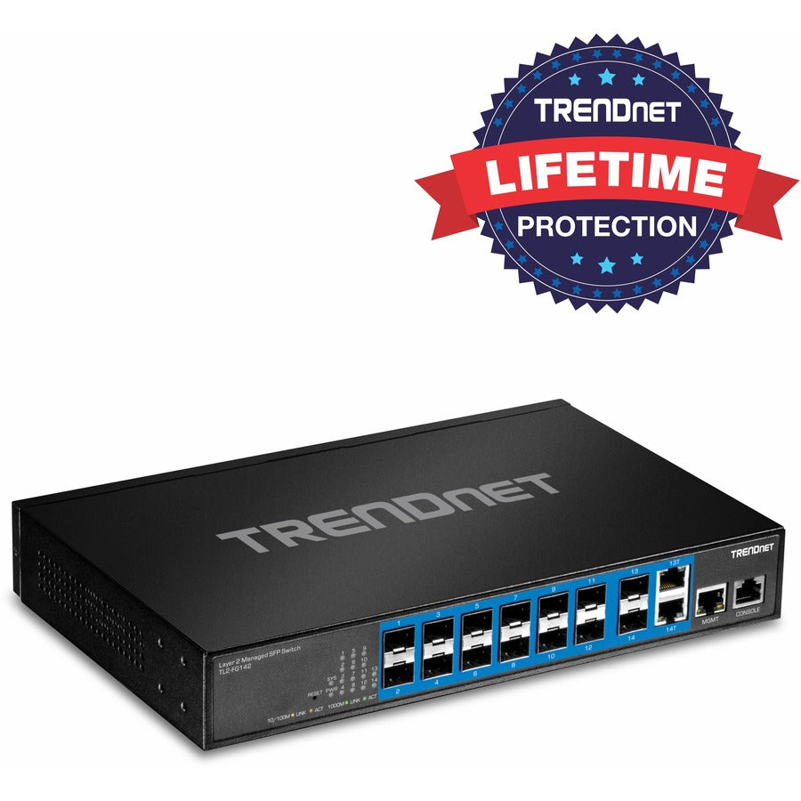 Commutateur SFP de couche 2 géré Gigabit à 14 ports TRENDnet ; TL2-FG142 ; 2 ports Gigabit RJ-45 partagés ; 12 emplacements SFP 100/1 000 Mbps ; Capacité de commutation de 28 Gbit/s ; VLAN ; QoS ; LACP ; Prise en charge IPv6 ; Protection à vie TL2-FG142