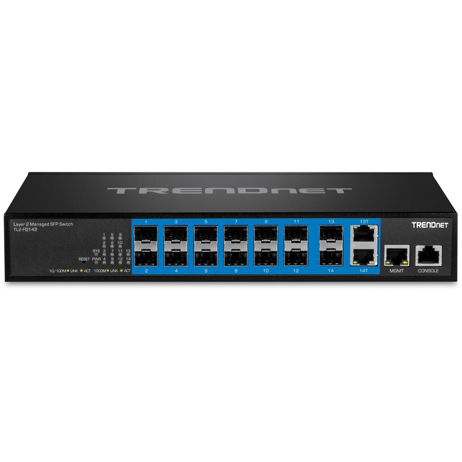 Commutateur SFP de couche 2 géré Gigabit à 14 ports TRENDnet ; TL2-FG142 ; 2 ports Gigabit RJ-45 partagés ; 12 emplacements SFP 100/1 000 Mbps ; Capacité de commutation de 28 Gbit/s ; VLAN ; QoS ; LACP ; Prise en charge IPv6 ; Protection à vie TL2-FG142