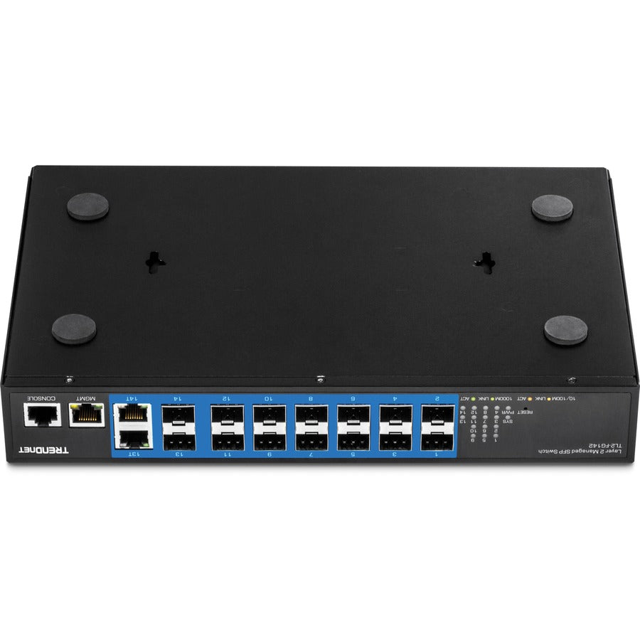 Commutateur SFP de couche 2 géré Gigabit à 14 ports TRENDnet ; TL2-FG142 ; 2 ports Gigabit RJ-45 partagés ; 12 emplacements SFP 100/1 000 Mbps ; Capacité de commutation de 28 Gbit/s ; VLAN ; QoS ; LACP ; Prise en charge IPv6 ; Protection à vie TL2-FG142
