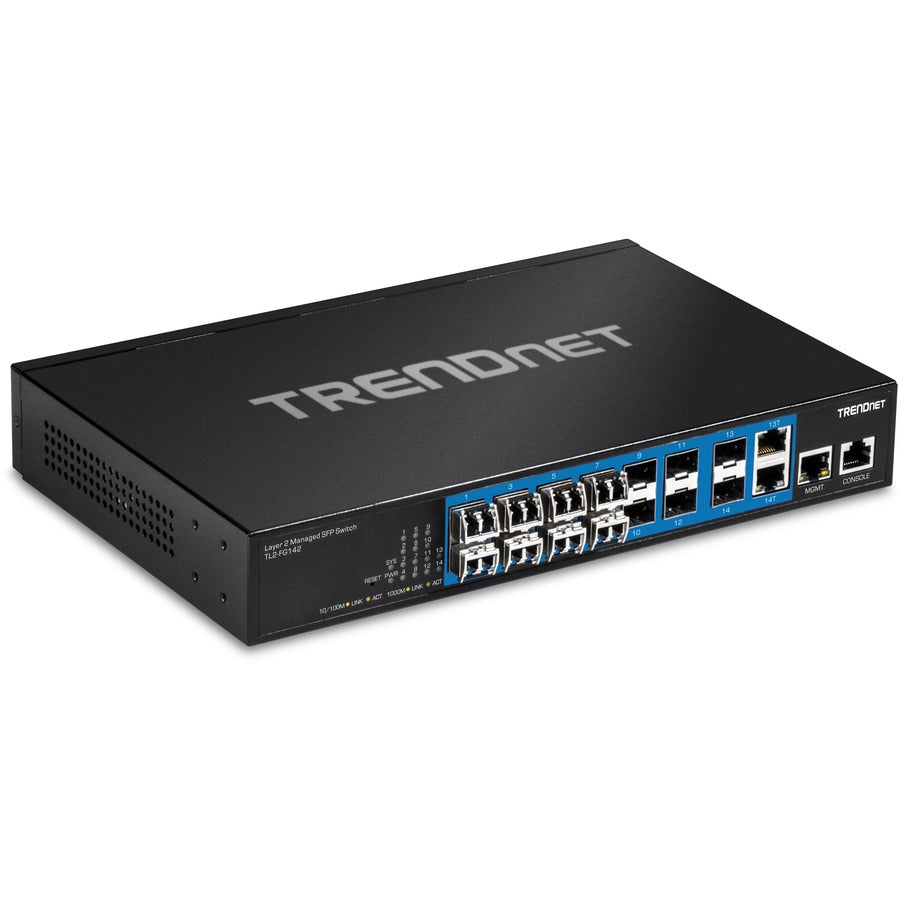 Commutateur SFP de couche 2 géré Gigabit à 14 ports TRENDnet ; TL2-FG142 ; 2 ports Gigabit RJ-45 partagés ; 12 emplacements SFP 100/1 000 Mbps ; Capacité de commutation de 28 Gbit/s ; VLAN ; QoS ; LACP ; Prise en charge IPv6 ; Protection à vie TL2-FG142