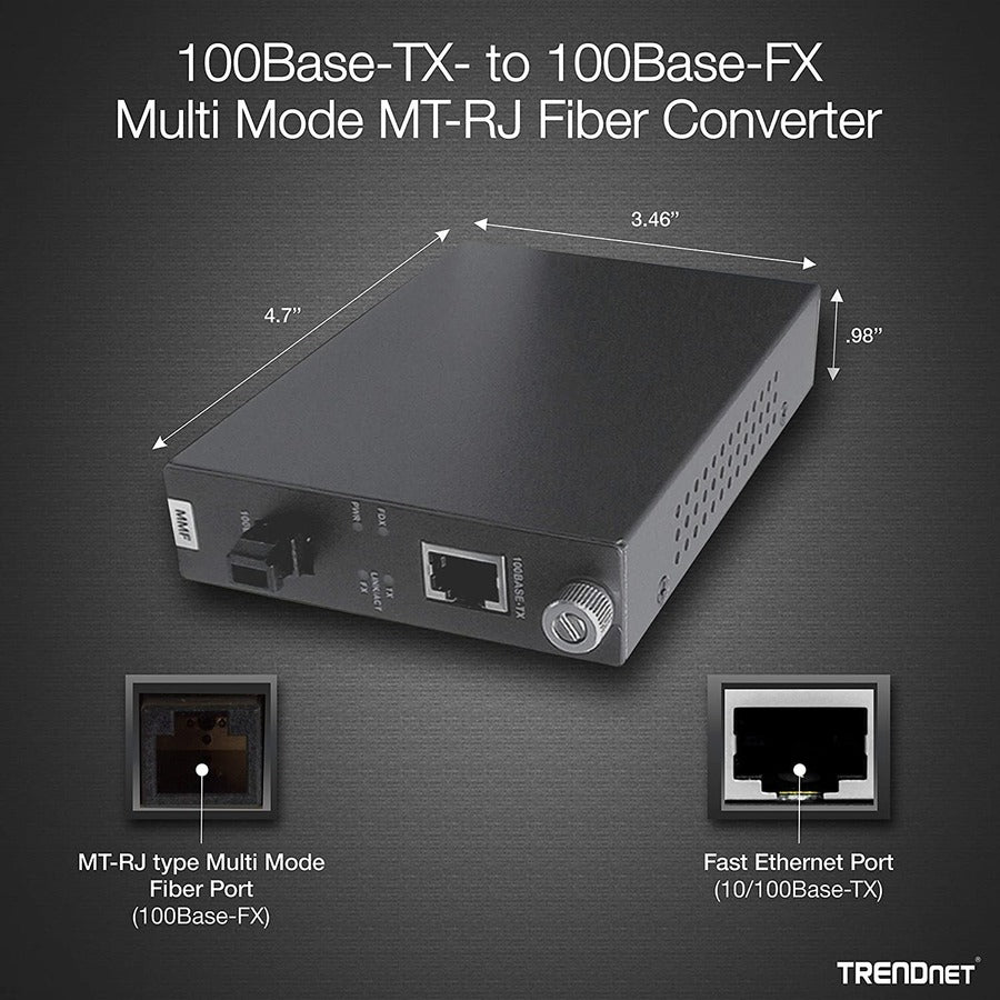 TRENDnet 100Base-TX to 100Base-FX Multi Mode MT-RJ Fiber Media Converter (2 Km /1.2 Miles); Multimode Fiber; Fiber to Ethernet Converter; RJ-45; MT-RJ Type Connector; Lifetime Protection; TFC-110MM TFC-110MM