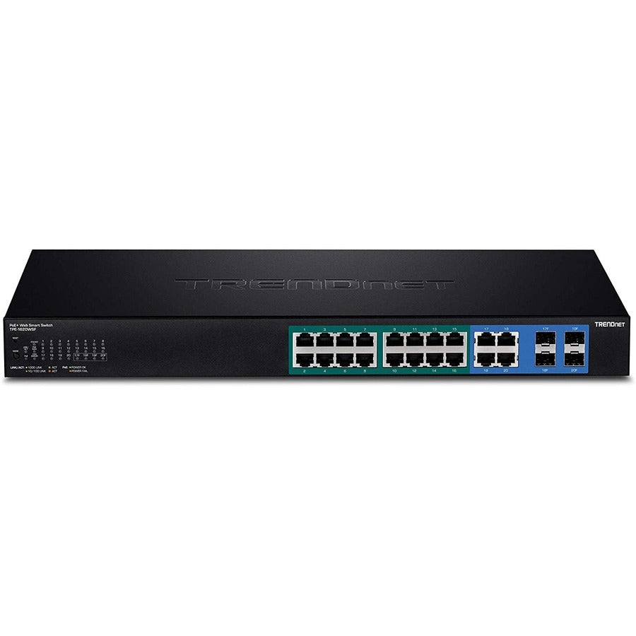 TRENDnet 20-Port Gigabit Web Smart 370W PoE+ Switch; TPE-1620WSF; 16 Gigabit PoE+ Ports; 4 Shared Gigabit Ports(RJ-45 or SFP); 370W PoE Budget;Managed PoE+ Ethernet Network Switch; Lifetime Protection TPE-1620WSF