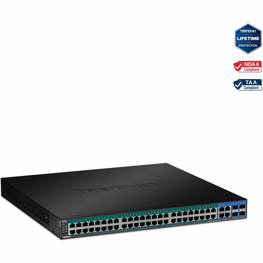 Commutateur Web Smart PoE+ TRENDnet à 52 ports ; 48 ports Gigabit PoE+ ; 4 ports Gigabit partagés (RJ-45 ou SFP) ; VLAN ; QoS ; LACP ; Prise en charge IPv6 ; Budget d'alimentation PoE de 740 W ; Protection à vie ; TPE-5048WS TPE-5048WS