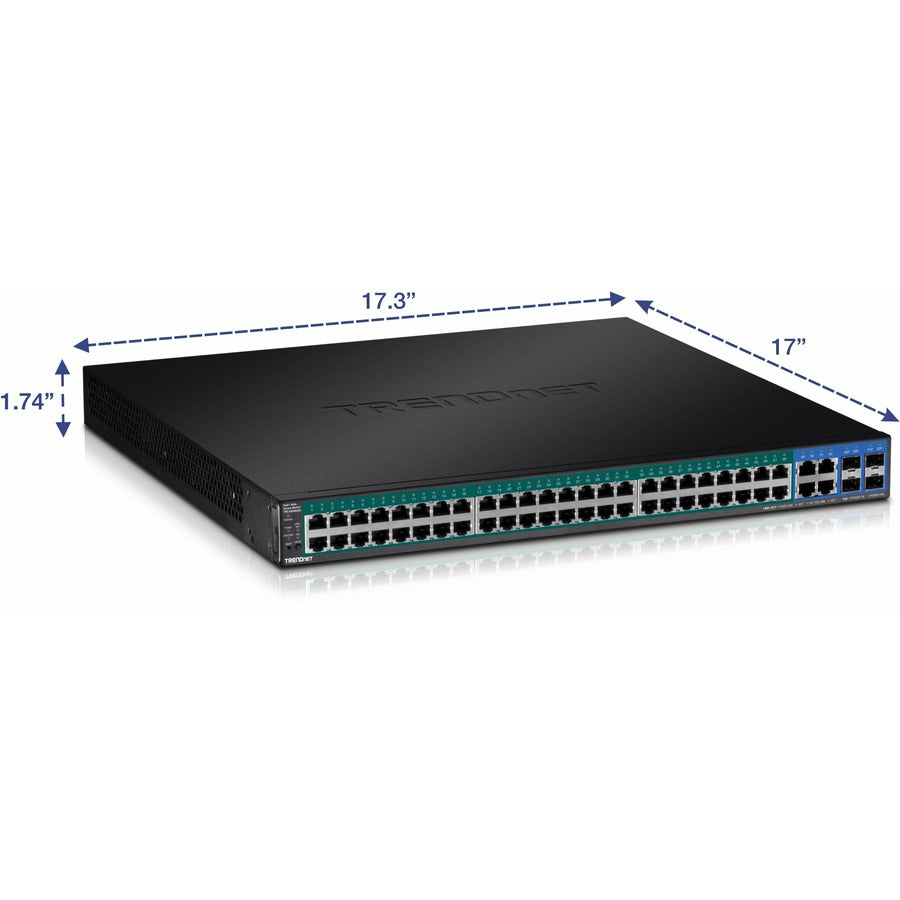 Commutateur Web Smart PoE+ TRENDnet à 52 ports ; 48 ports Gigabit PoE+ ; 4 ports Gigabit partagés (RJ-45 ou SFP) ; VLAN ; QoS ; LACP ; Prise en charge IPv6 ; Budget d'alimentation PoE de 740 W ; Protection à vie ; TPE-5048WS TPE-5048WS