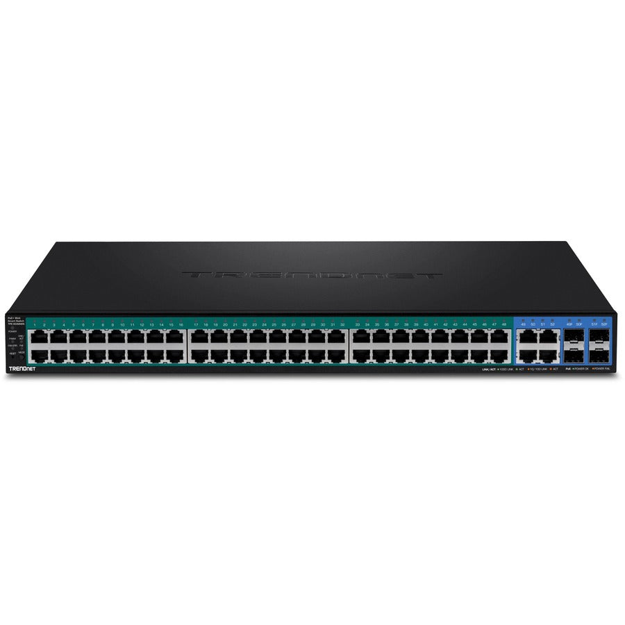 Commutateur Web Smart PoE+ TRENDnet à 52 ports ; 48 ports Gigabit PoE+ ; 4 ports Gigabit partagés (RJ-45 ou SFP) ; VLAN ; QoS ; LACP ; Prise en charge IPv6 ; Budget d'alimentation PoE de 740 W ; Protection à vie ; TPE-5048WS TPE-5048WS