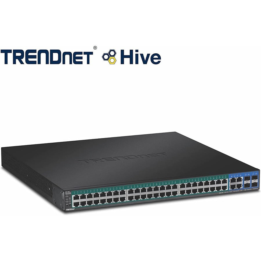 Commutateur Web Smart PoE+ TRENDnet à 52 ports ; 48 ports Gigabit PoE+ ; 4 ports Gigabit partagés (RJ-45 ou SFP) ; VLAN ; QoS ; LACP ; Prise en charge IPv6 ; Budget d'alimentation PoE de 740 W ; Protection à vie ; TPE-5048WS TPE-5048WS
