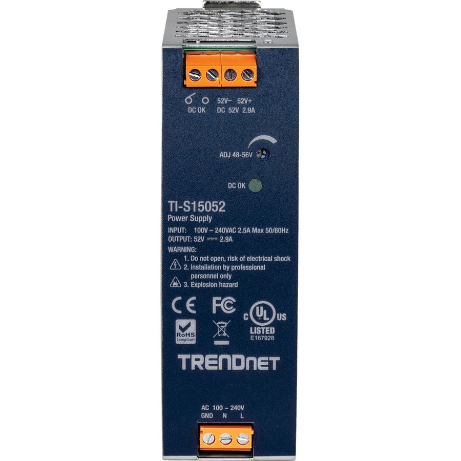 TRENDnet 150W, 52V DC, 2.89A AC to DC DIN-Rail Industrial Power Supply, Built-In Power Factor Controller Function, Extreme Operating Temperature Range -25° - 70° C (-13° - 158° F), Silver, TI-S15052 TI-S15052