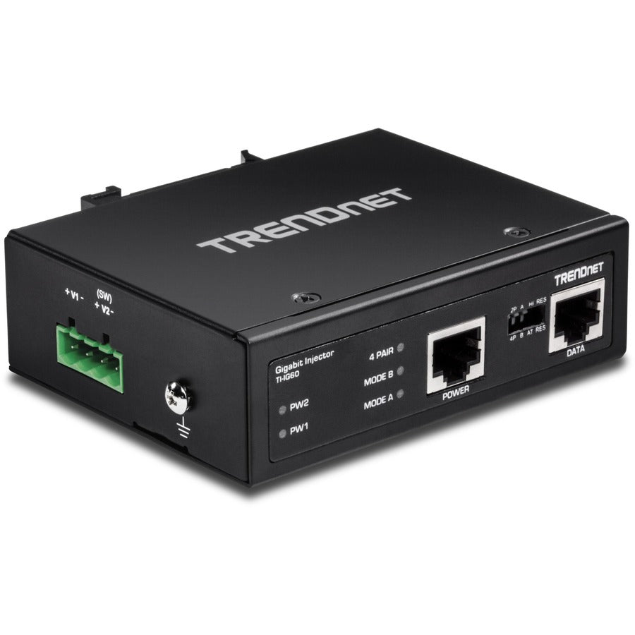 Injecteur PoE+ Gigabit industriel durci 60 W TRENDnet, montage sur rail DIN, boîtier classé IP30, comprend des supports sur rail DIN et muraux, TI-IG60 TI-IG60