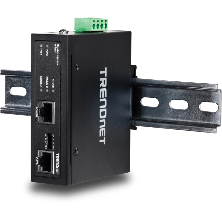 Injecteur PoE+ Gigabit industriel durci 60 W TRENDnet, montage sur rail DIN, boîtier classé IP30, comprend des supports sur rail DIN et muraux, TI-IG60 TI-IG60