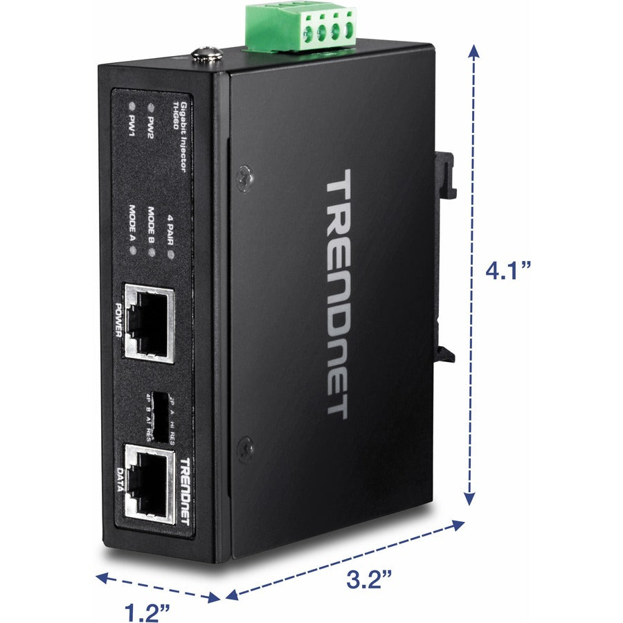 Injecteur PoE+ Gigabit industriel durci 60 W TRENDnet, montage sur rail DIN, boîtier classé IP30, comprend des supports sur rail DIN et muraux, TI-IG60 TI-IG60