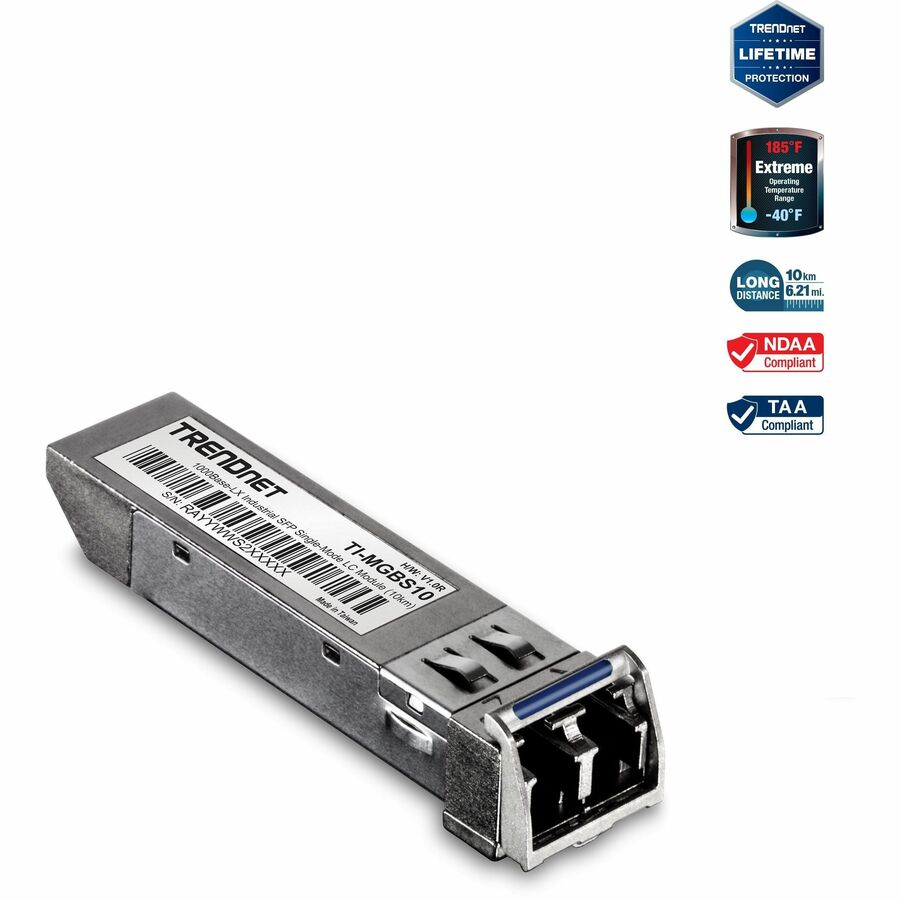 TRENDnet SFP vers module LC industriel monomode RJ45 (10 km) ; TI-MGBS10 ; SFP industriel 1000Base-LX ; Conforme à la norme Gigabit Ethernet IEEE 802.3z ; Débits de données allant jusqu'à 1,25 Gbit/s ; Protection à vie TI-MGBS10