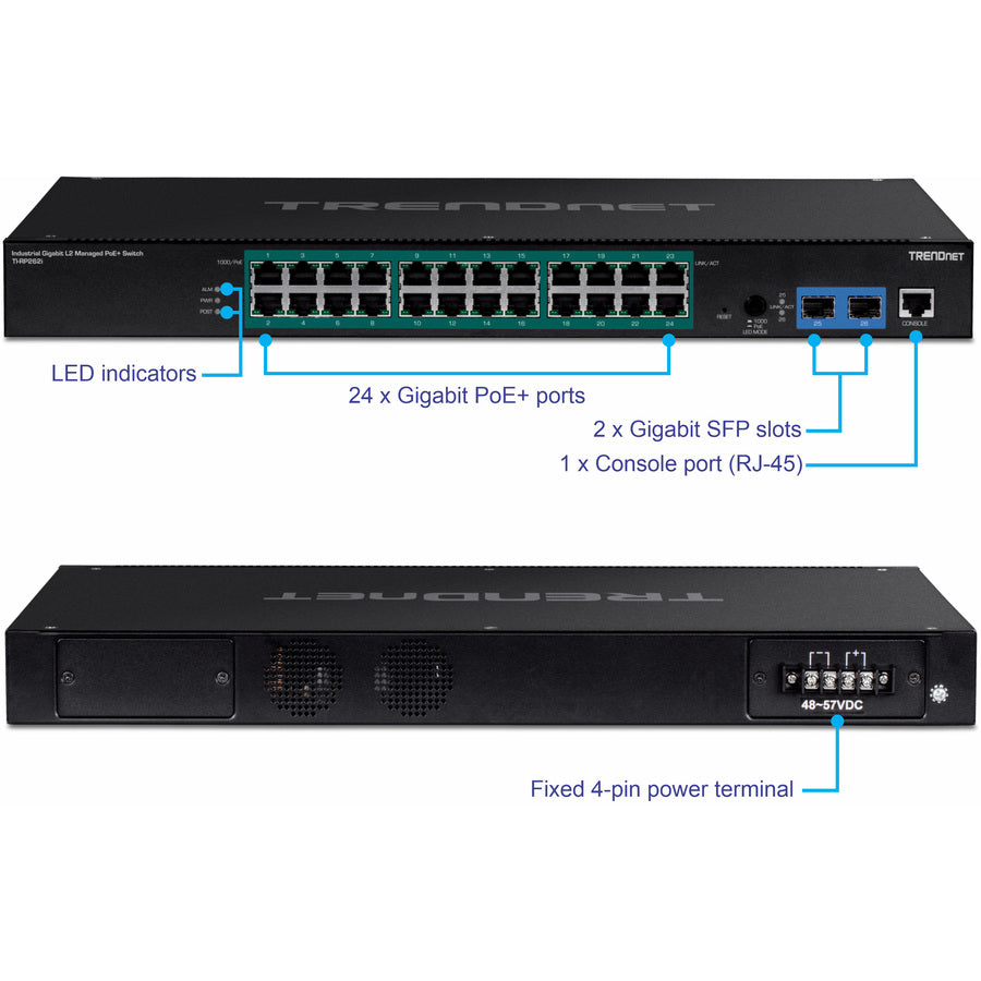 Commutateur PoE+ géré Gigabit L2 industriel à 26 ports TRENDnet ; TI-RP262i ; 1U 19 ? Montage en rack ; 24 ports Gigabit PoE+ ; 2 emplacements SFP (100/1000Base-FX) ; IP30 ; VLAN ; QoS ; Budget d'alimentation PoE de 685 W ; TI-RP262I sans ventilateur