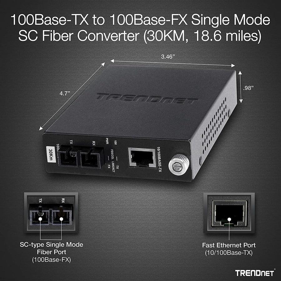 TRENDnet 100Base-TX to 100Base-FX Single Mode SC Fiber Media Converter (30 Km /18.6 Miles); Auto-Negotiation;Full-Duplex Mode; RJ-45 port; Fiber to Ethernet Converter; Lifetime Protection; TFC-110S30 TFC-110S30