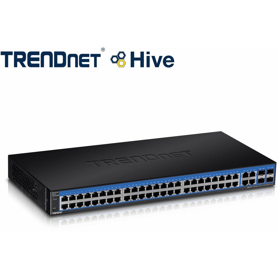 TRENDnet Commutateur intelligent Web Gigabit 52 ports, 48 ports Gigabit RJ-45, 4 ports Gigabit partagés (RJ-45 ou SFP), capacité de commutation 104 Gbit/s, VLAN, QoS, LACP, IPv6, protection à vie, noir, TEG-524WS TEG -524WS
