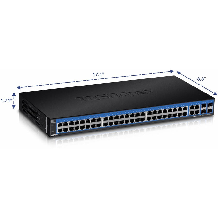 TRENDnet Commutateur intelligent Web Gigabit 52 ports, 48 ports Gigabit RJ-45, 4 ports Gigabit partagés (RJ-45 ou SFP), capacité de commutation 104 Gbit/s, VLAN, QoS, LACP, IPv6, protection à vie, noir, TEG-524WS TEG -524WS