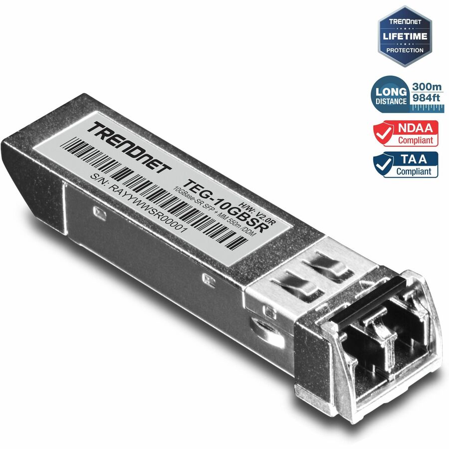 TRENDnet SFP vers module LC multimode RJ45 10GBASE-SR SFP+ ; TEG-10GBSR ; Jusqu'à 550 m (1 804 pi) ; Émetteur-récepteur SFP+ enfichable à chaud ; longueur d'onde de 850 nm ; Connecteur LC duplex ; Prise en charge DDM ; Protection à vie TEG-10GBSR