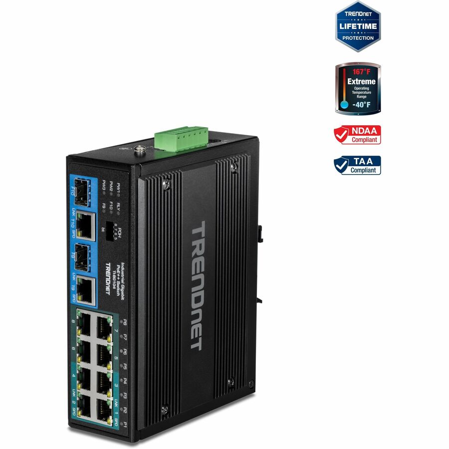 TRENDnet Commutateur rail DIN Gigabit PoE ++ industriel non géré, 10 ports, 4 ports Gigabit PoE++, 4 Gigabit PoE+, 2 ports de partage Gigabit SFP ou RJ-45, budget d'alimentation 360 W, noir, TI-BG104 TI-BG104