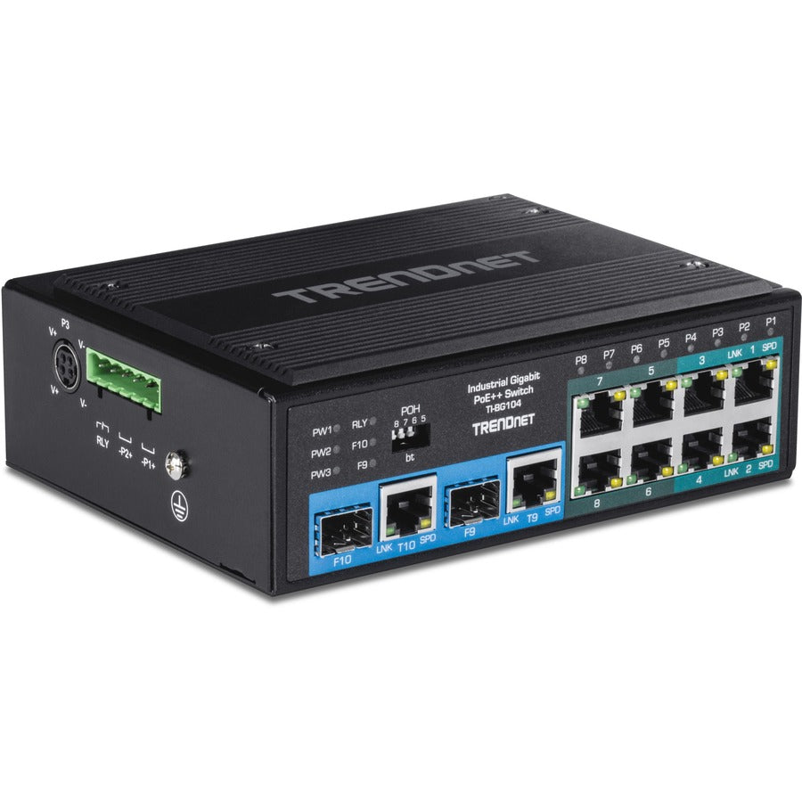 TRENDnet Commutateur rail DIN Gigabit PoE ++ industriel non géré, 10 ports, 4 ports Gigabit PoE++, 4 Gigabit PoE+, 2 ports de partage Gigabit SFP ou RJ-45, budget d'alimentation 360 W, noir, TI-BG104 TI-BG104