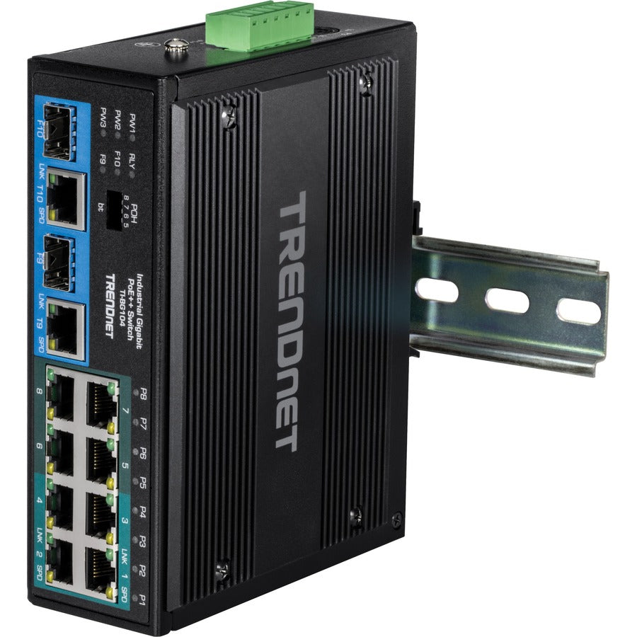 TRENDnet Commutateur rail DIN Gigabit PoE ++ industriel non géré, 10 ports, 4 ports Gigabit PoE++, 4 Gigabit PoE+, 2 ports de partage Gigabit SFP ou RJ-45, budget d'alimentation 360 W, noir, TI-BG104 TI-BG104