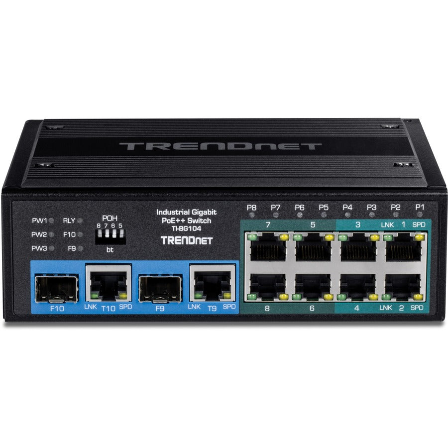 TRENDnet Commutateur rail DIN Gigabit PoE ++ industriel non géré, 10 ports, 4 ports Gigabit PoE++, 4 Gigabit PoE+, 2 ports de partage Gigabit SFP ou RJ-45, budget d'alimentation 360 W, noir, TI-BG104 TI-BG104